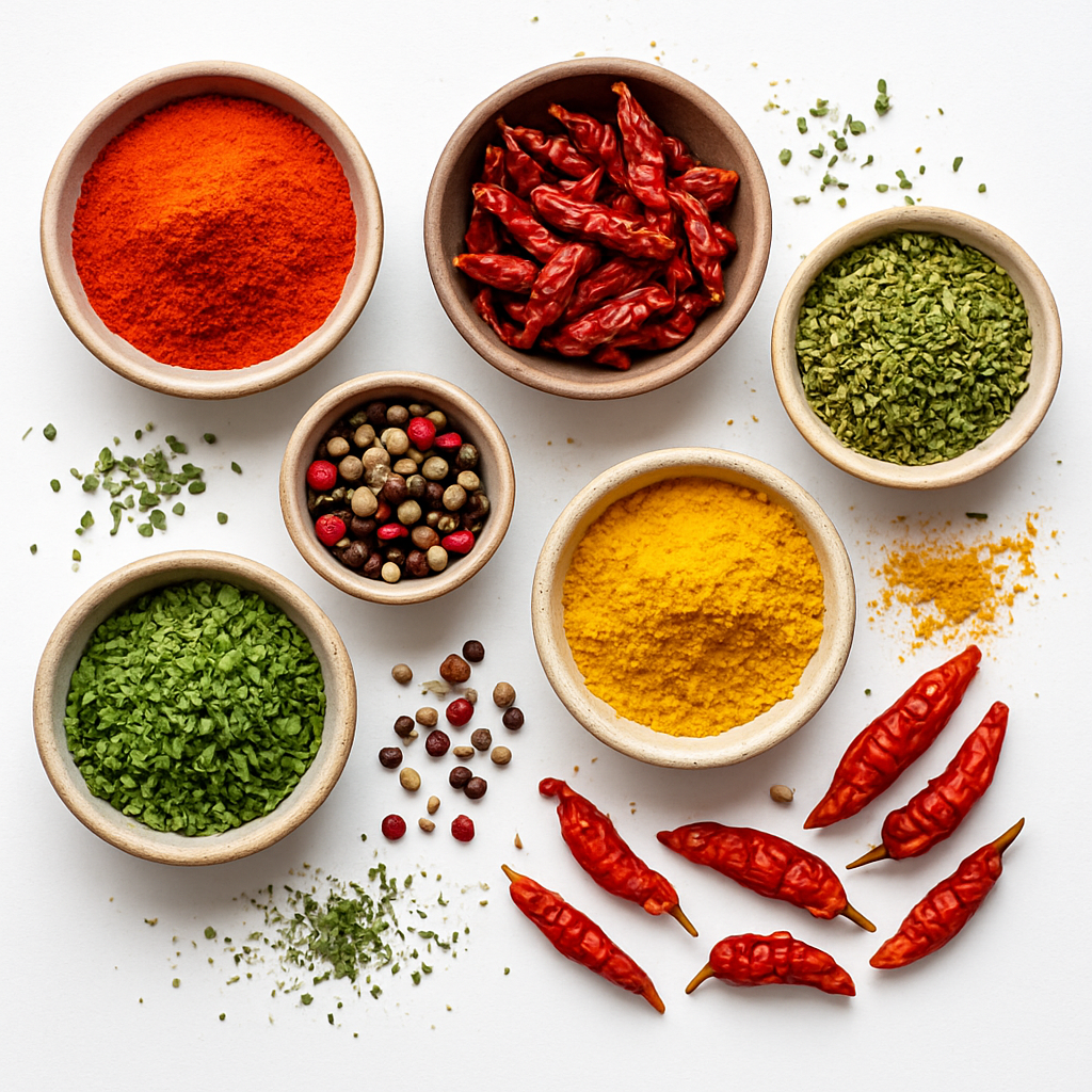 A flat lay of African spices and ingredients